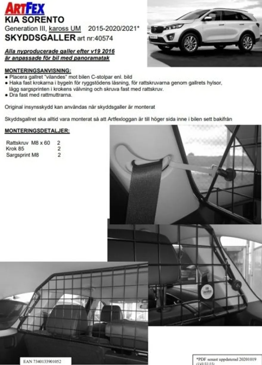 Artfex Lastgaller / Hundgaller Kia Sorento III UM 2015-2021