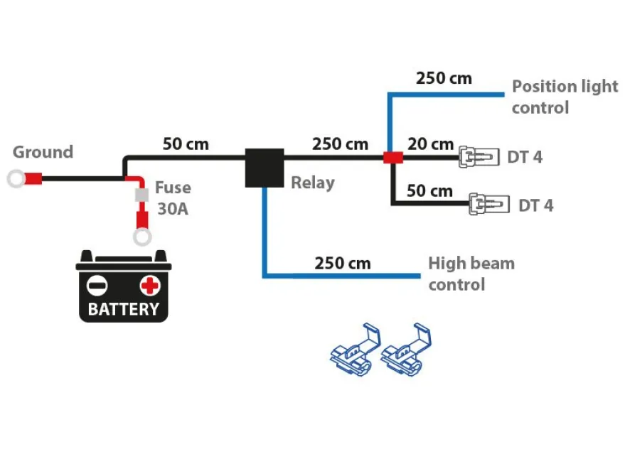 Kabelsats för 2 st extraljus DT 4-Pin kontakt.